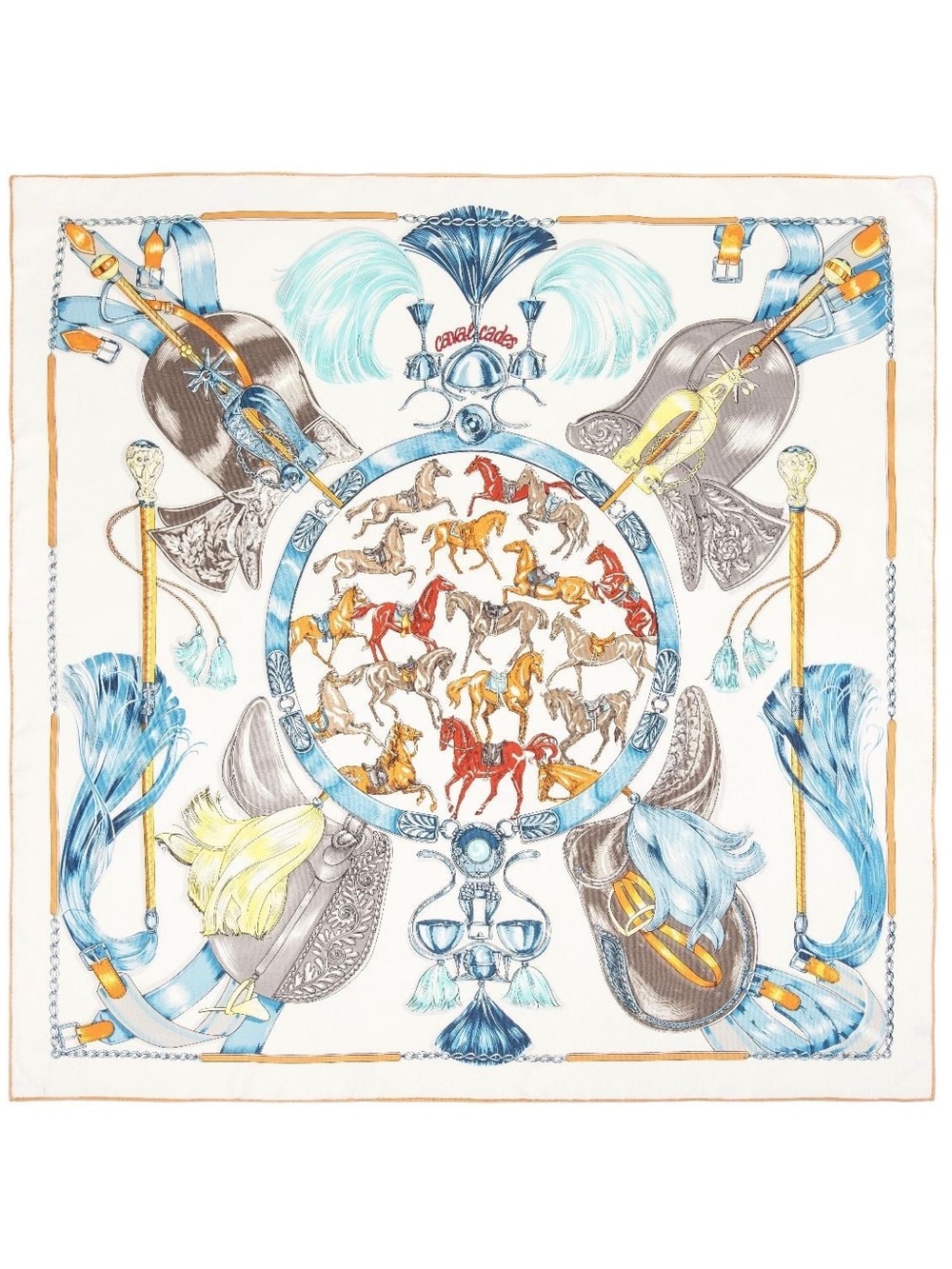 NEW Carolina Lemke Equestrian Motif Mulberry Silk Blue Printed Scarf